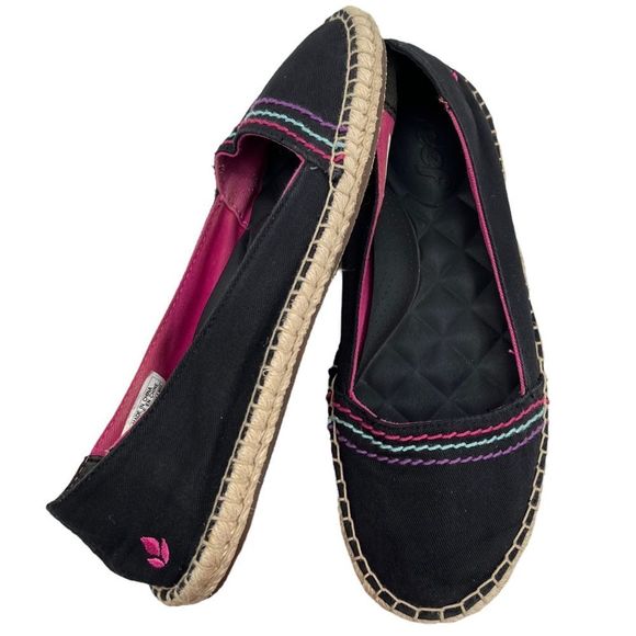 Reef Rainforest Black Slip On Pink Trim Jute Espadrille Ballet Flat Size 8 - Picture 1 of 11